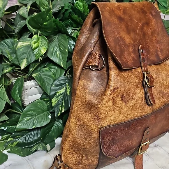 Vintage 1970s Leather Flap Closure Drawstring BackpackDay Backpack Carry On